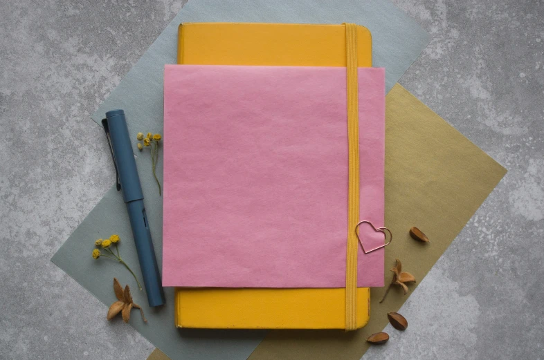 an overhead view of a notebook on a countertop