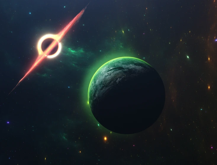 an illustration of the star next to a small, green planet