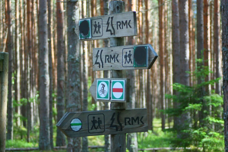 four wooden signs are posted along a wooded path