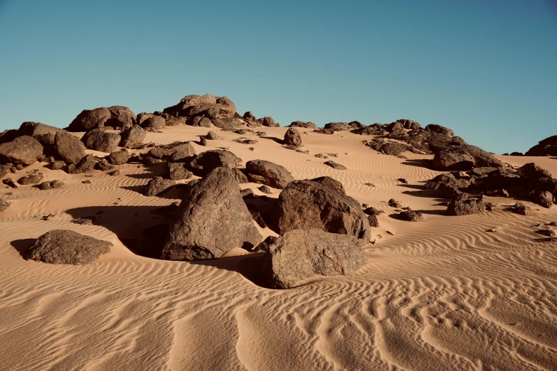 sand and rocks make up a vast desert area