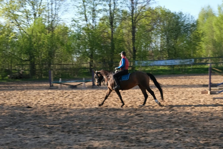 there is a horse and rider riding in the dirt