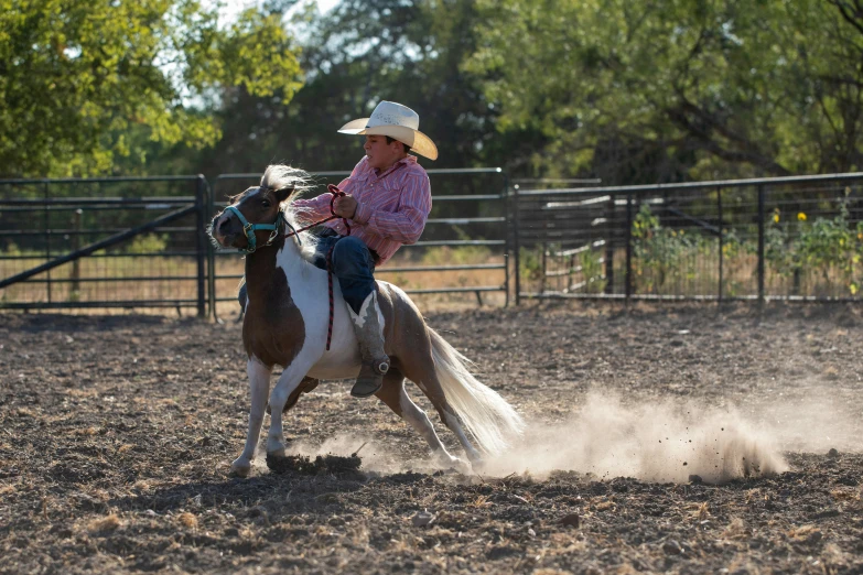 man in cowboy hat on a horse with dust coming from behind