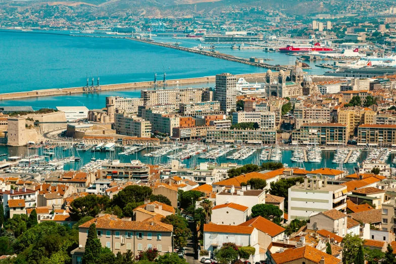 the skyline of barcelona from atop the city wall