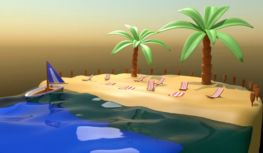 a 3d scene with the beach and water in which chairs are next to palm trees