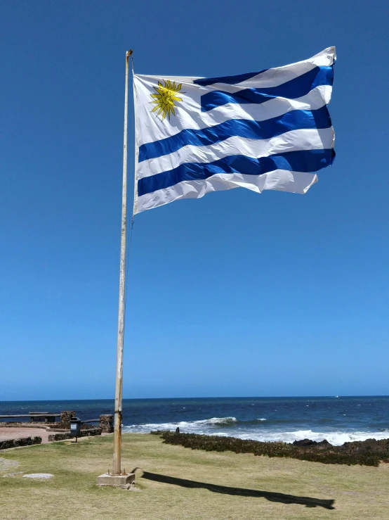 a large flag on a beach blowing in the wind