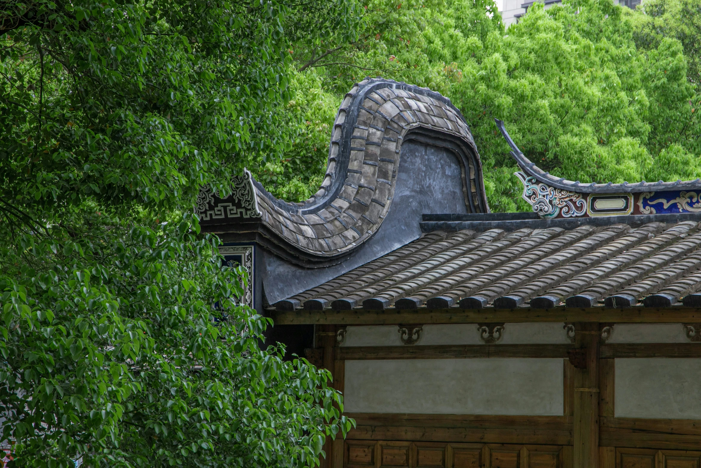 a gray roof with a dragon design above it