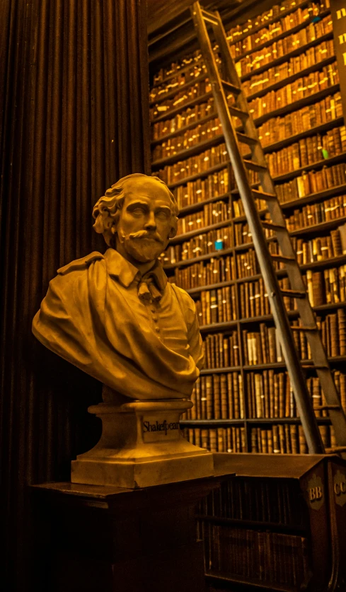 a statue in front of a shelf filled with books