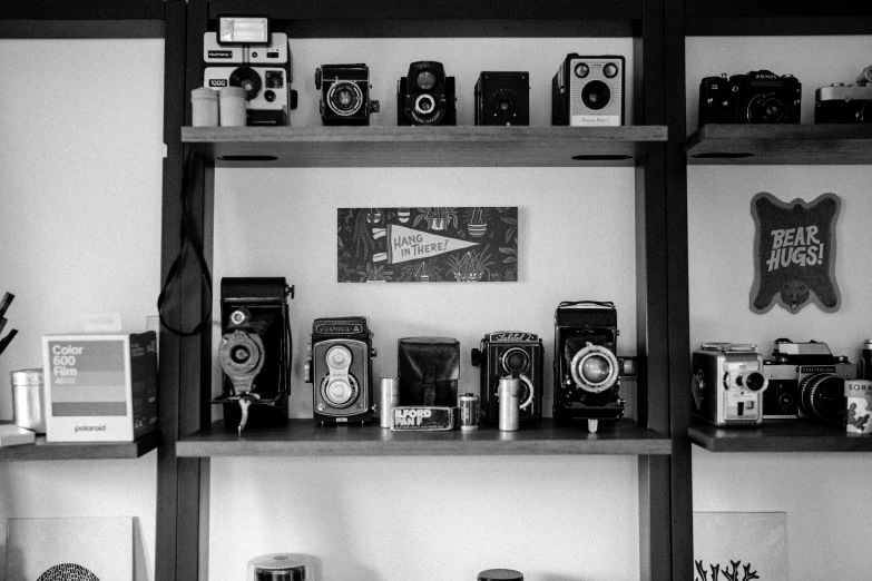 several different cameras arranged on top of shelves