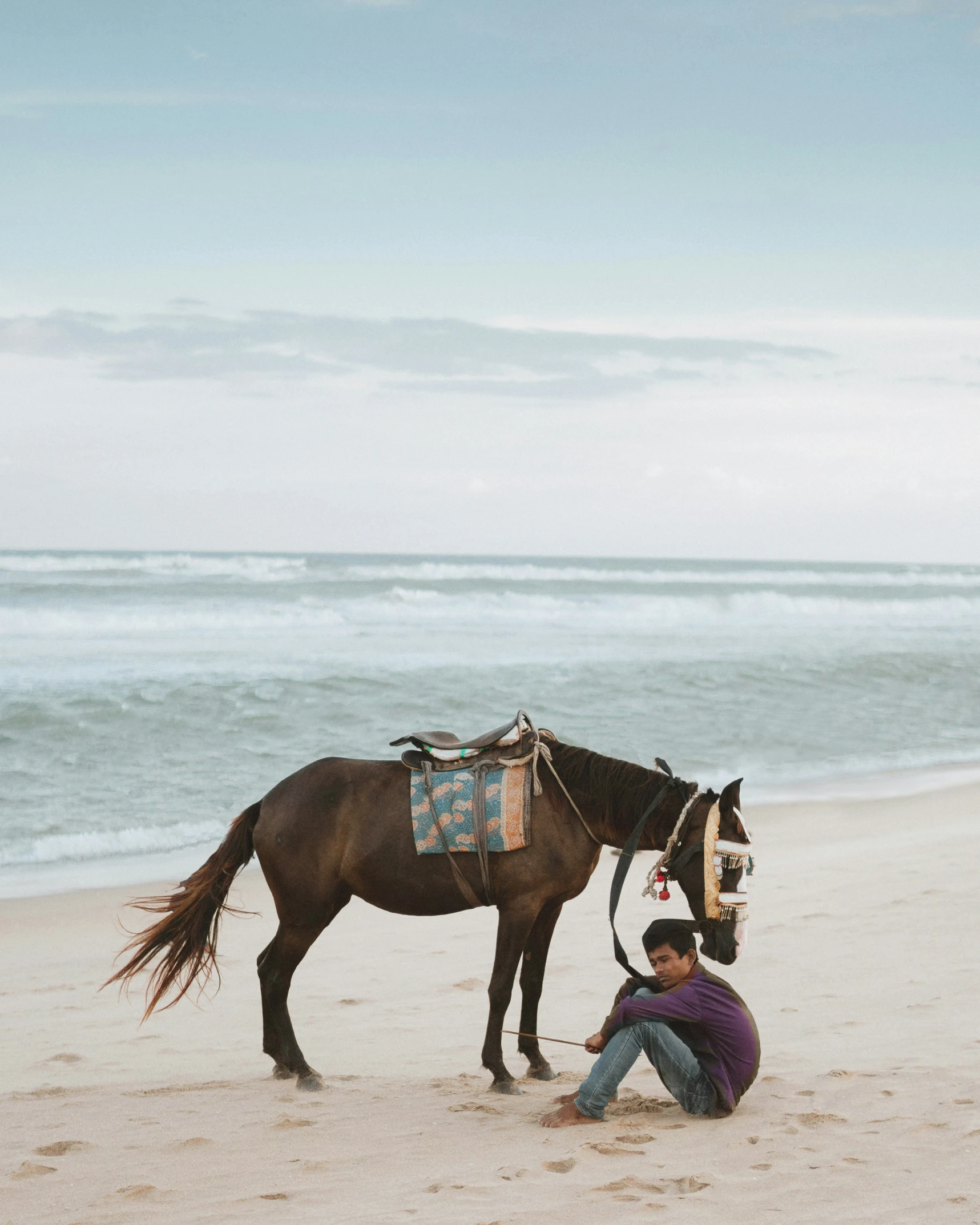 a man kneeling down in front of a horse