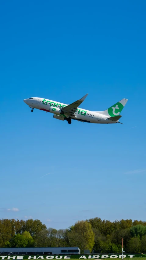 a large jetliner flying through a clear blue sky