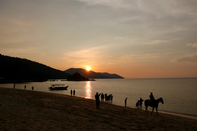 people are at a beach at sunset with horses