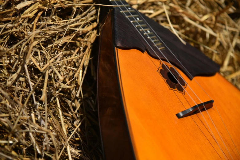 an old wooden instrument laying on top of some dry grass