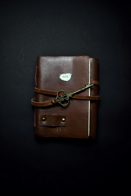 this is a dark colored notebook with a golden strap