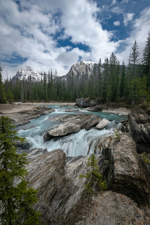 an alpine river surrounded by rocks and evergreen trees