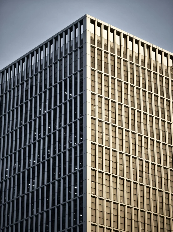 tall, modern building with vertical windows in the sky