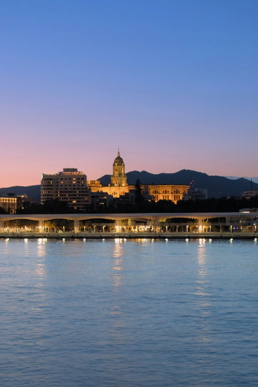 a body of water with a city skyline in the background