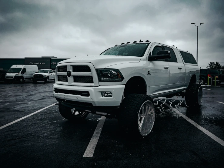 a white truck parked in a parking lot