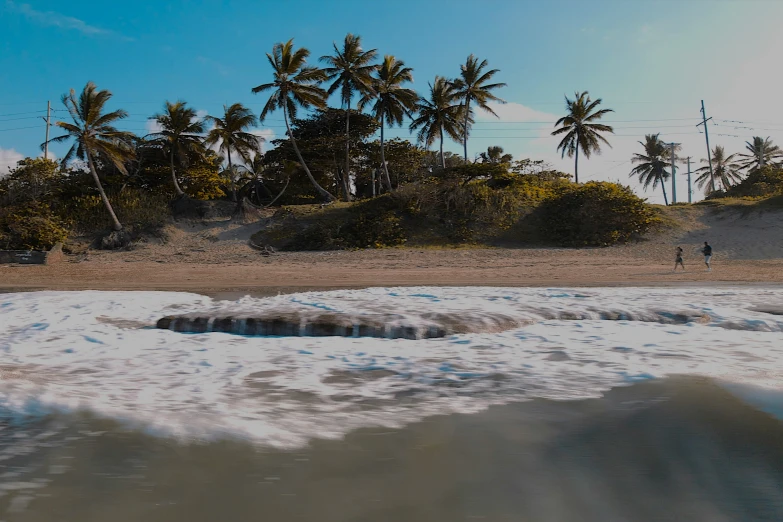 the view of a beach and palm trees is pictured in this po