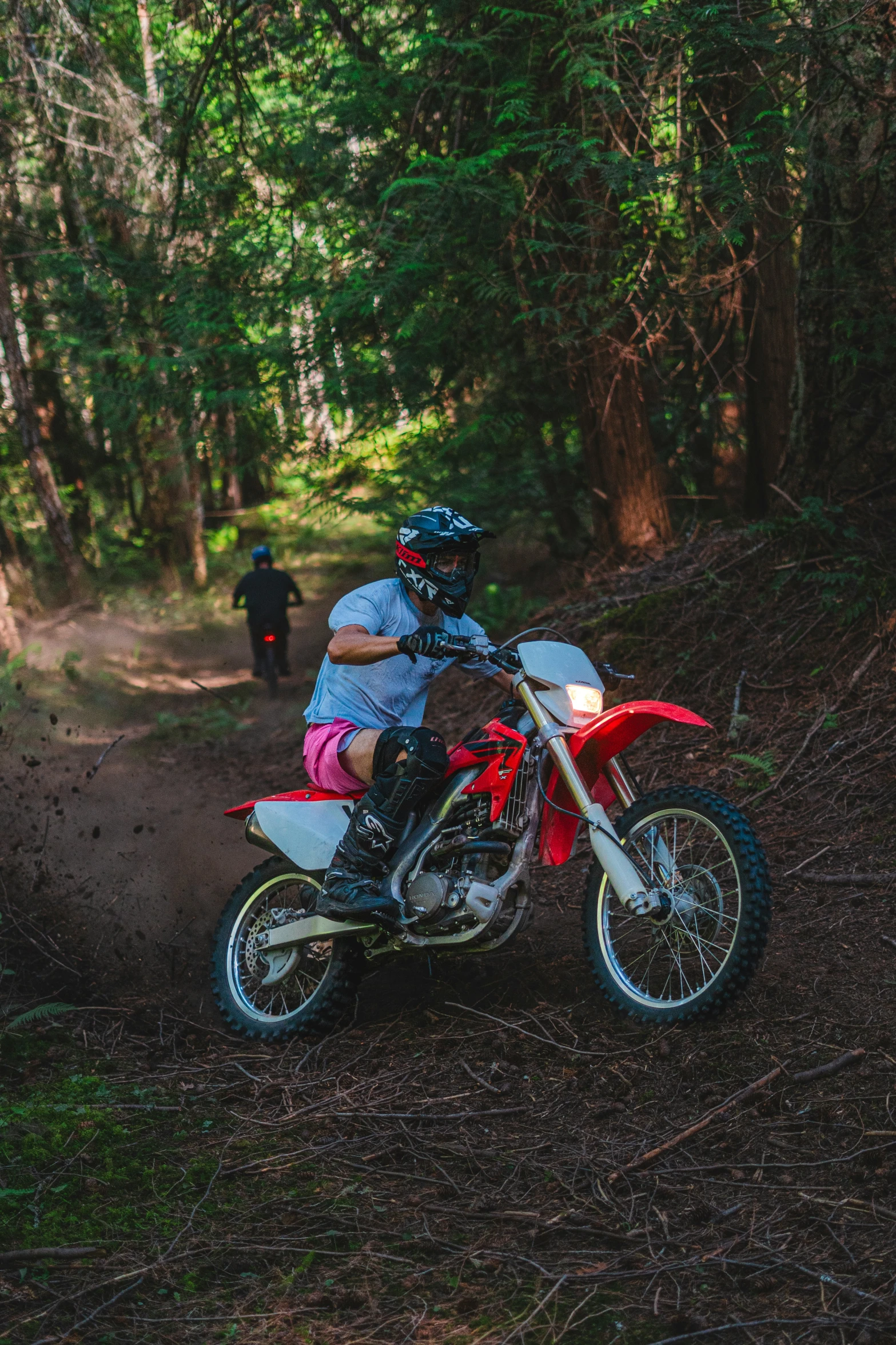 a person on a dirt bike riding through the woods