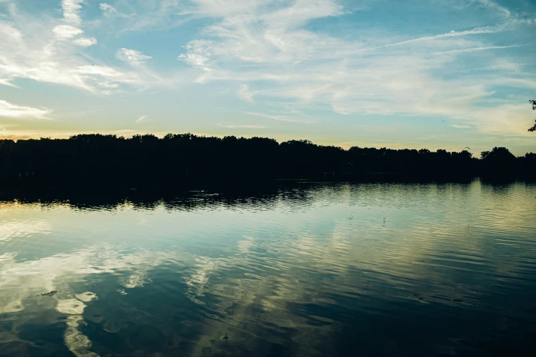 the reflection of trees in water is on the horizon