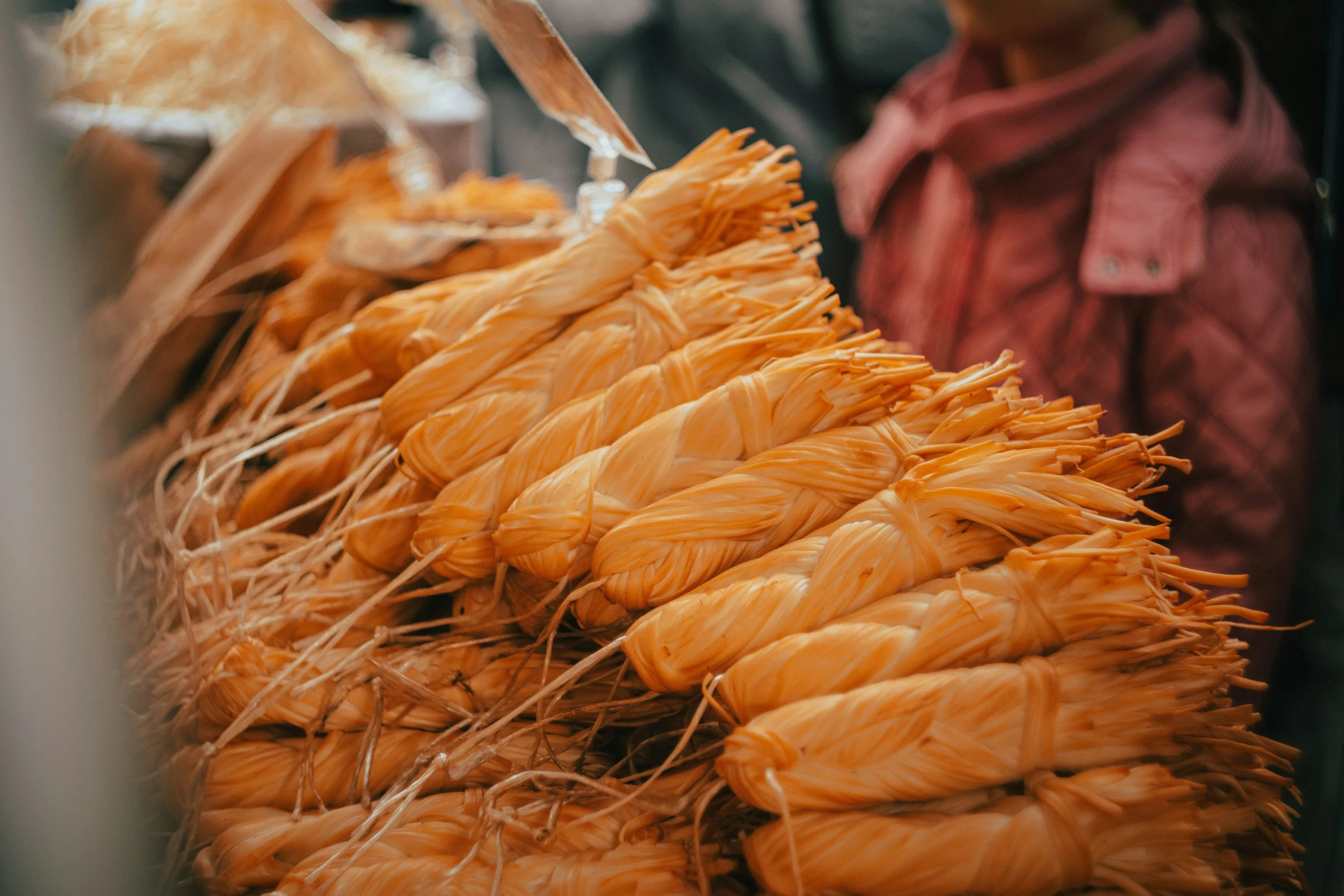 a close up view of food hanging on display