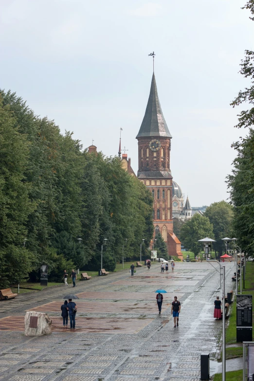 people walking in the rain down an empty path