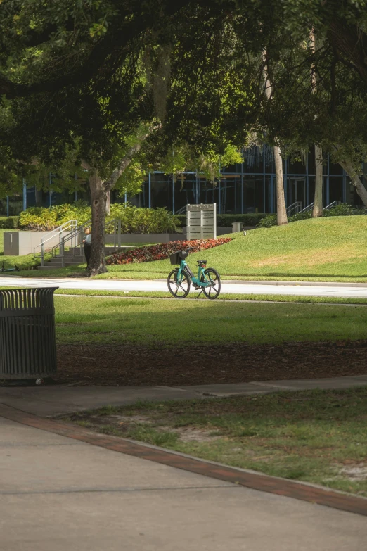 a blue bike is parked in the middle of a park