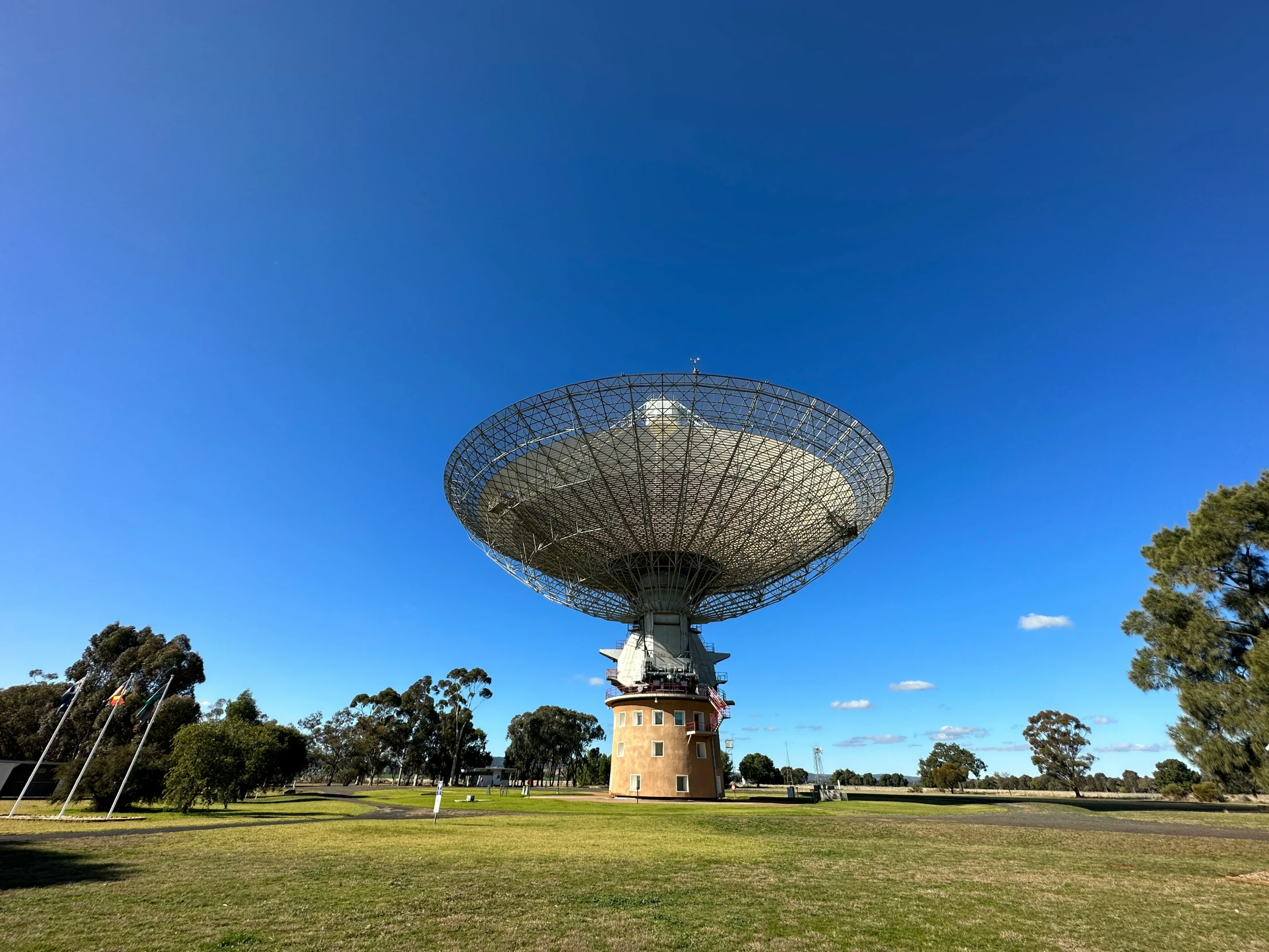 a large satellite dish in an open grassy field