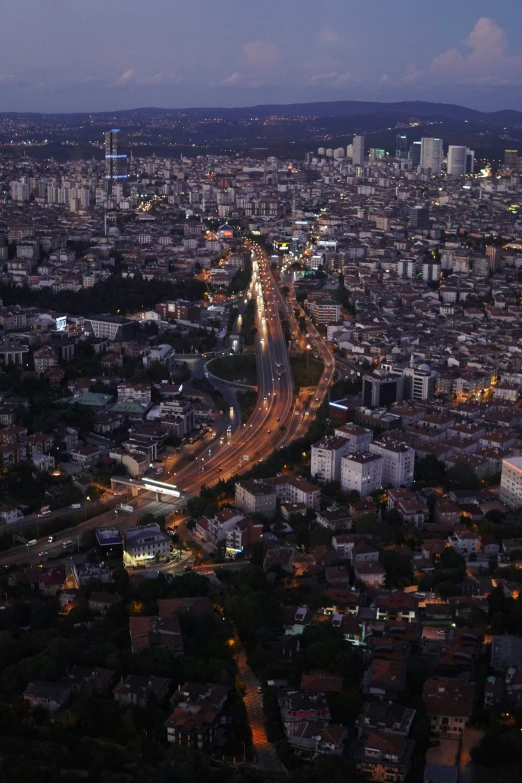 the city skyline at night from above