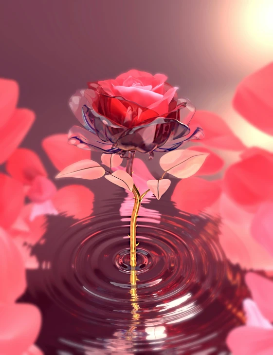 a single rose with water reflection in the center