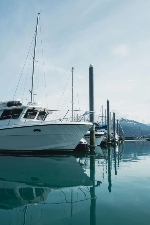 boats are docked at a harbor on a beautiful day