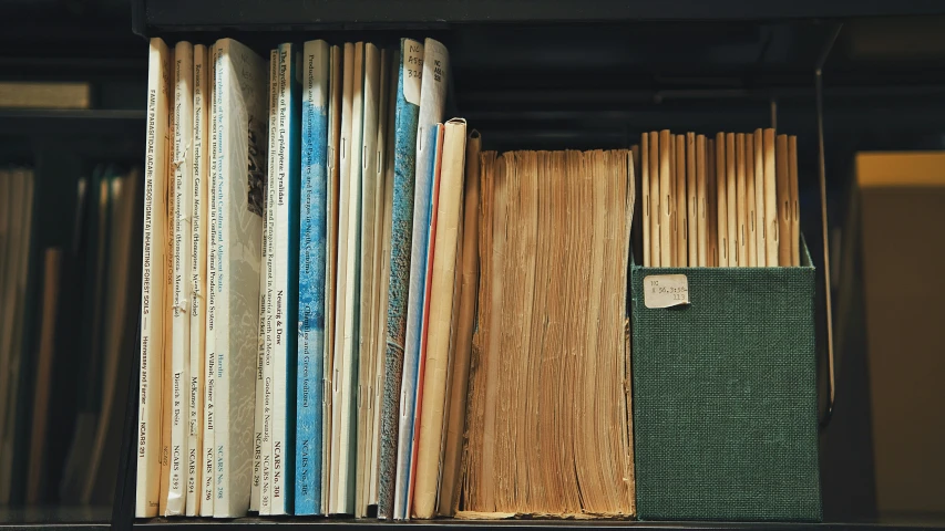 a book shelf holding different kinds of files