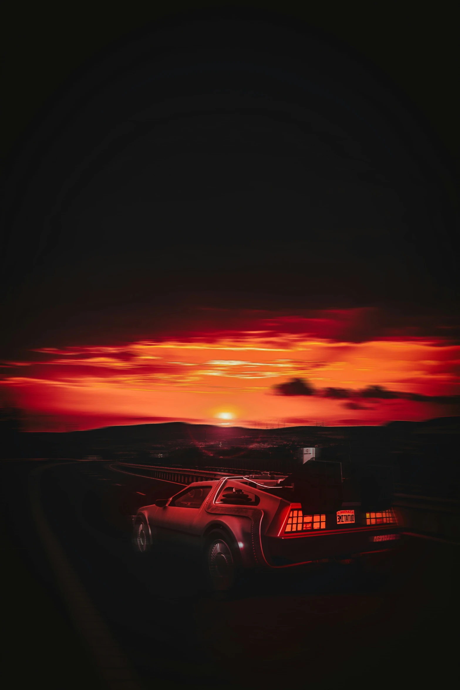 an orange car driving away from the dark