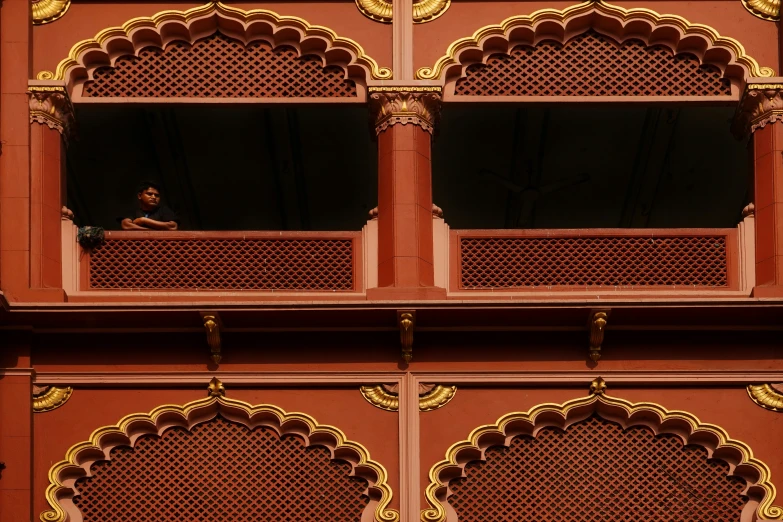 a person in an intricate window in a building