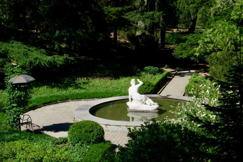 an image of a garden setting with fountain