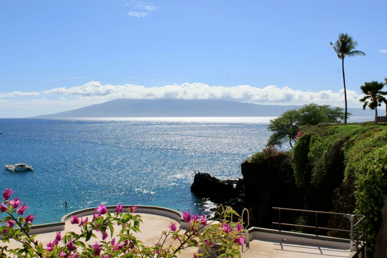 a lush green hillside overlooks blue ocean with boats in the distance