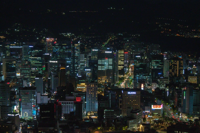 the night time city lights from above