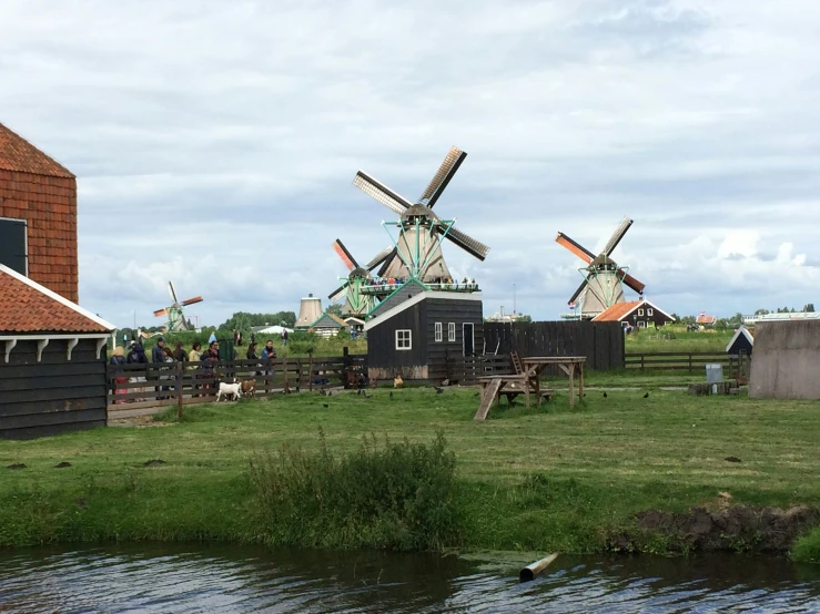 windmills line the shore of a canal in a field