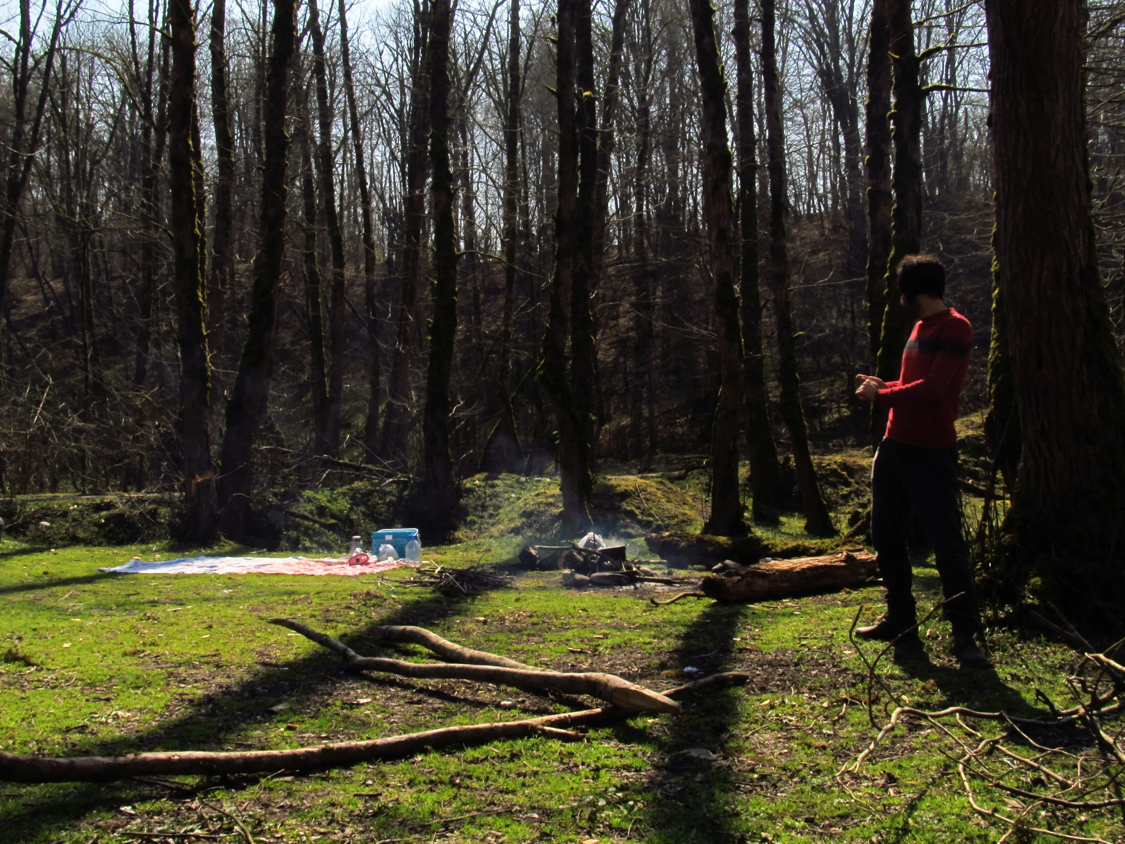 a man standing in a field near trees