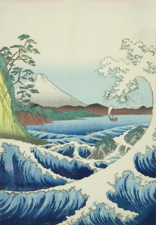 an asian artwork with mountains and water in the background