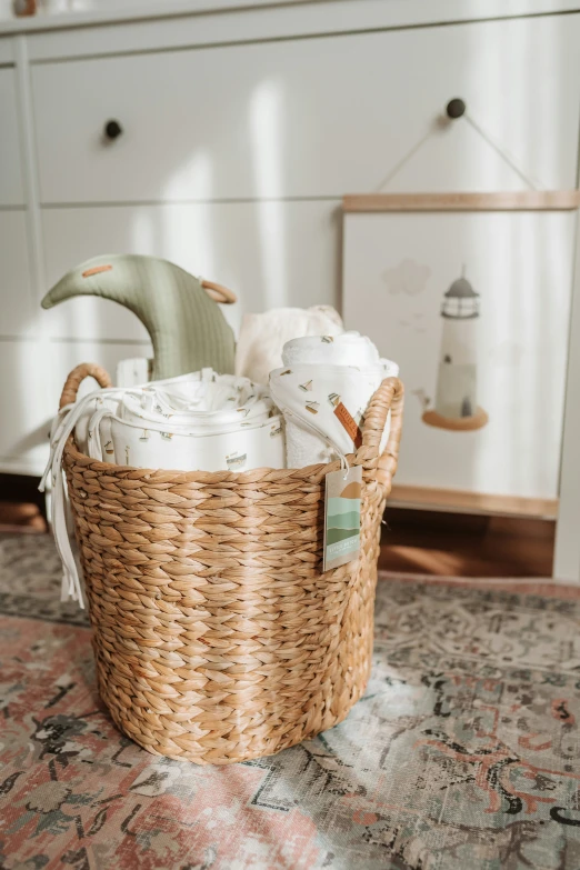 baby diapers in a wicker basket are sitting on a carpet