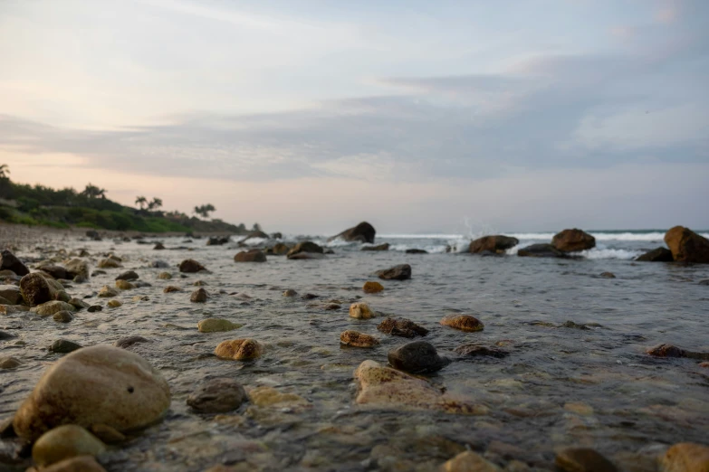 several rocks lying on the ground in front of some water