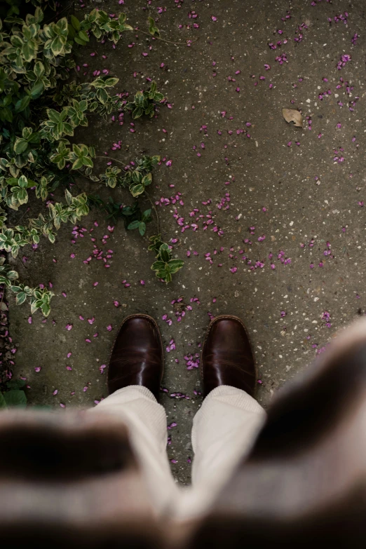 person looking down at the ground and wearing brown shoes