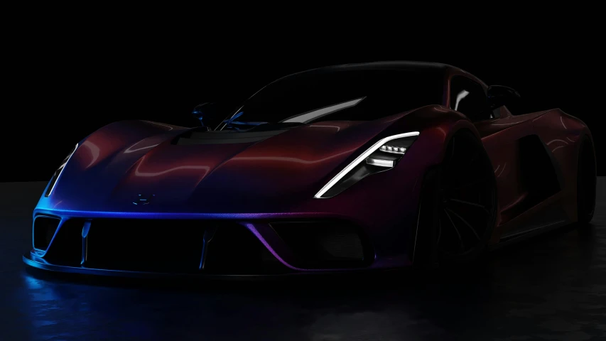 a futuristic sports car in a black and purple room