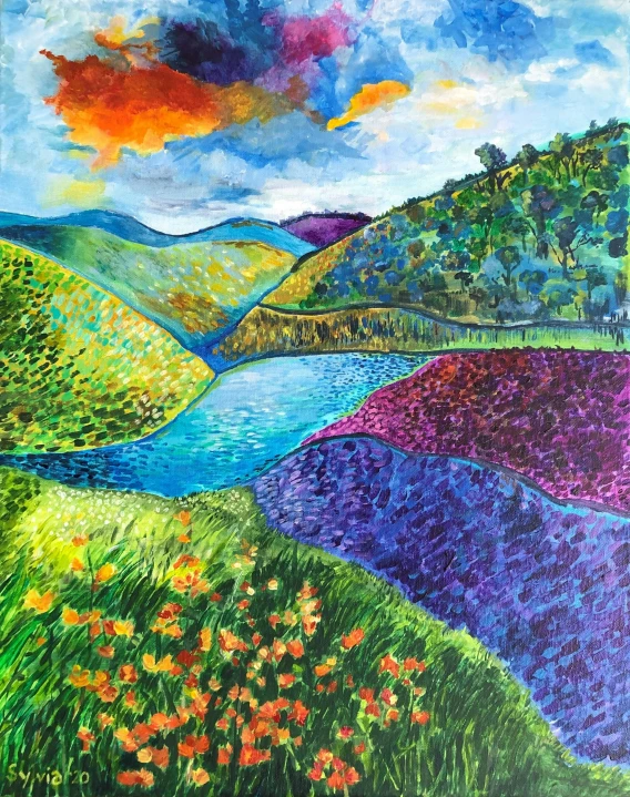 a painting of the countryside, with colorful flowers and trees