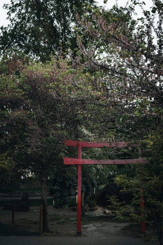 a red and white cross that is in the middle of the forest