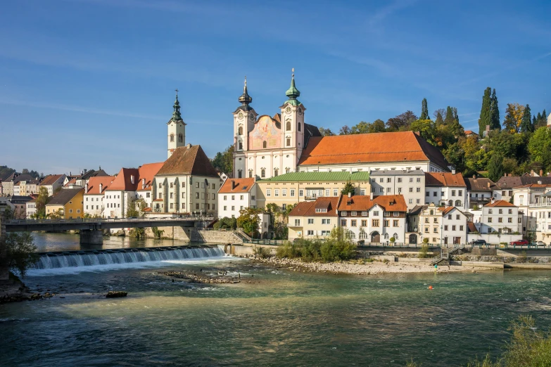 a river runs through a city with many buildings