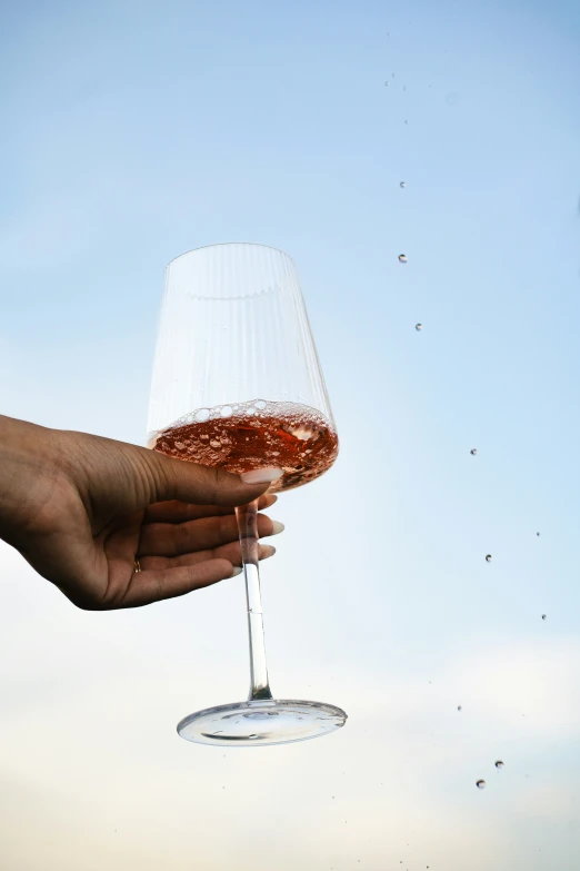 a wine glass held in the air with soing flying over it