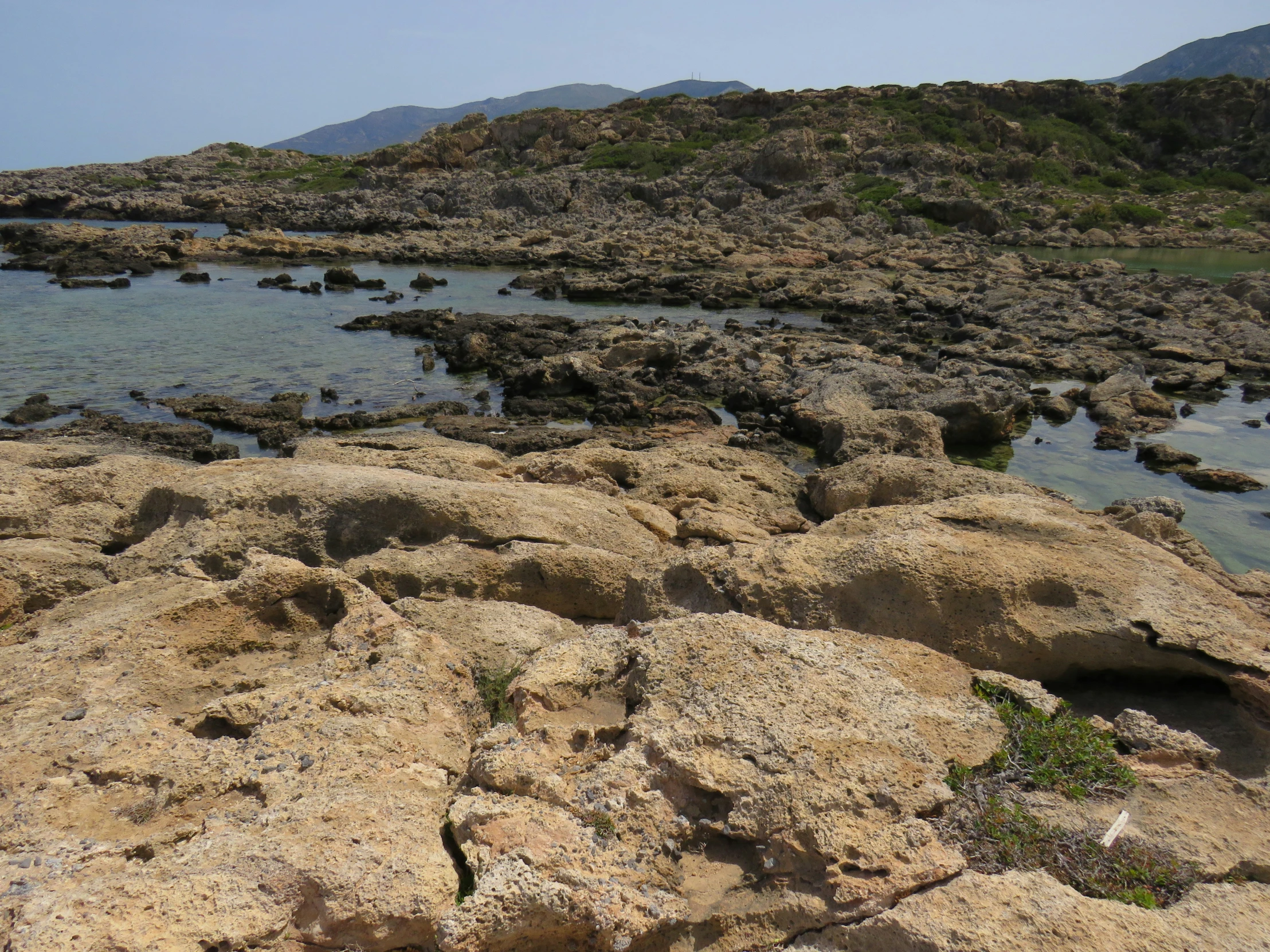there is some water and rock pools with mountains in the background