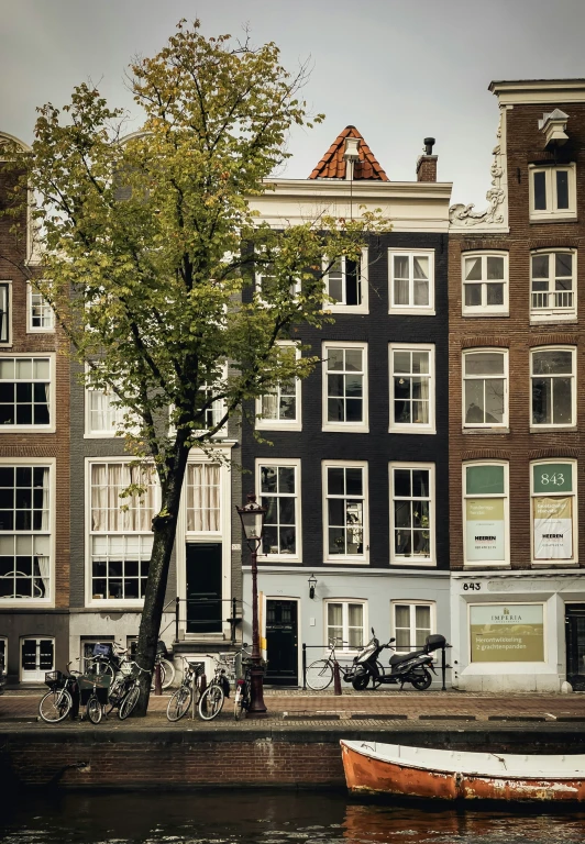 a picture of an urban setting with parked bicycles